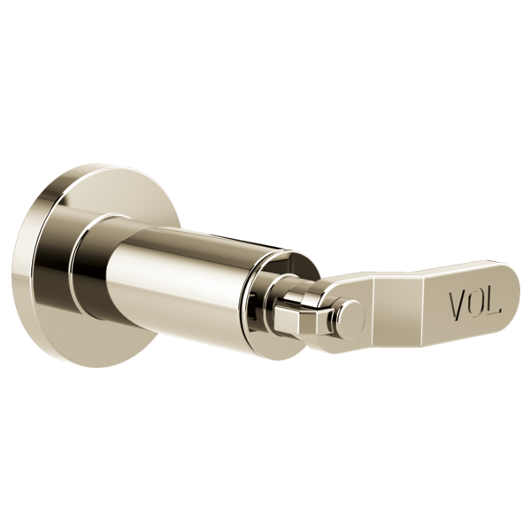 Polished nickel volume control trim with cylindrical body and industrial lever handle marked "vol."