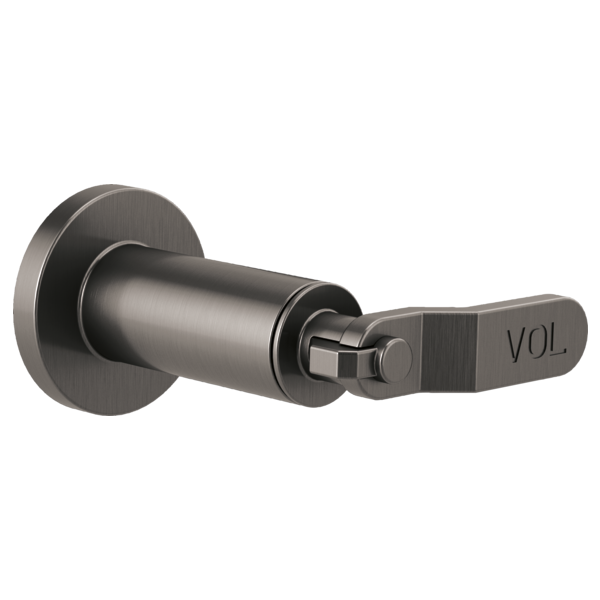 Gunmetal shower volume control trim with cylindrical body, round escutcheon plate, and flat lever handle labeled "VOL."