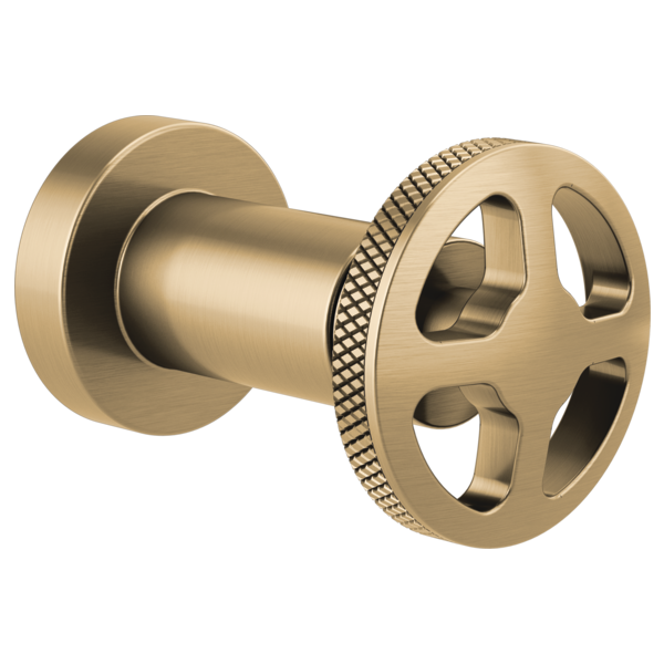 Brushed champagne bronze wheel-style volume control trim with cylindrical valve body and textured grip ring.