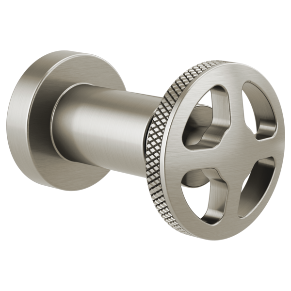 Brushed nickel volume control trim with wheel-shaped handle and textured grip ring on cylindrical valve body.
