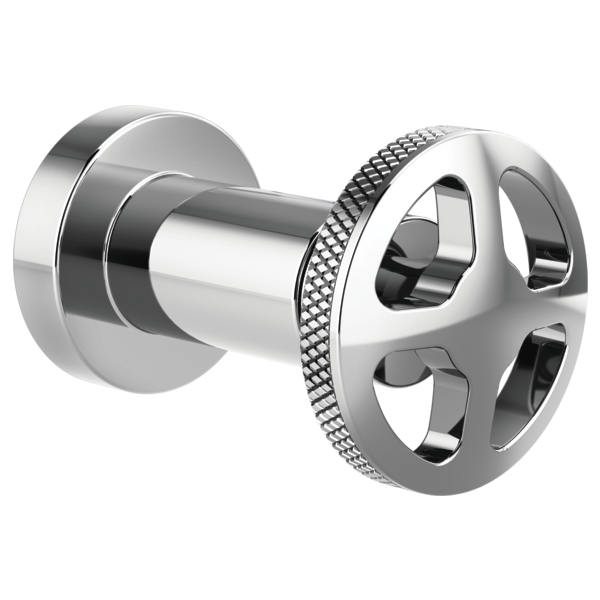Chrome wheel-style volume control trim with textured grip ring and cylindrical valve body connection.