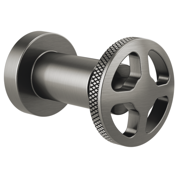 Brushed stainless steel wheel-style volume control trim with circular mounting plate and textured grip ring.