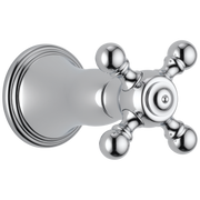 Chrome shower valve trim with circular escutcheon plate and cross-shaped handle with four spherical knobs.
