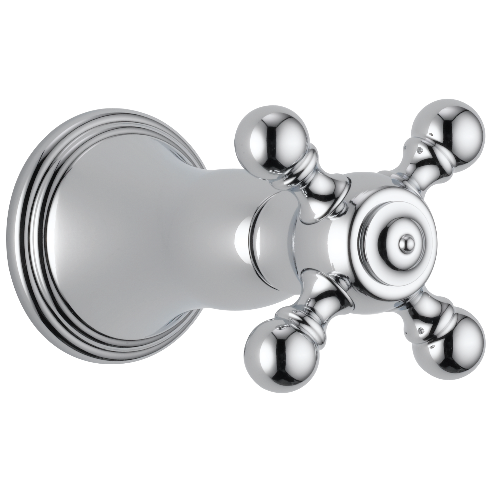 Chrome shower valve trim with circular escutcheon plate and cross-shaped handle with four spherical knobs.