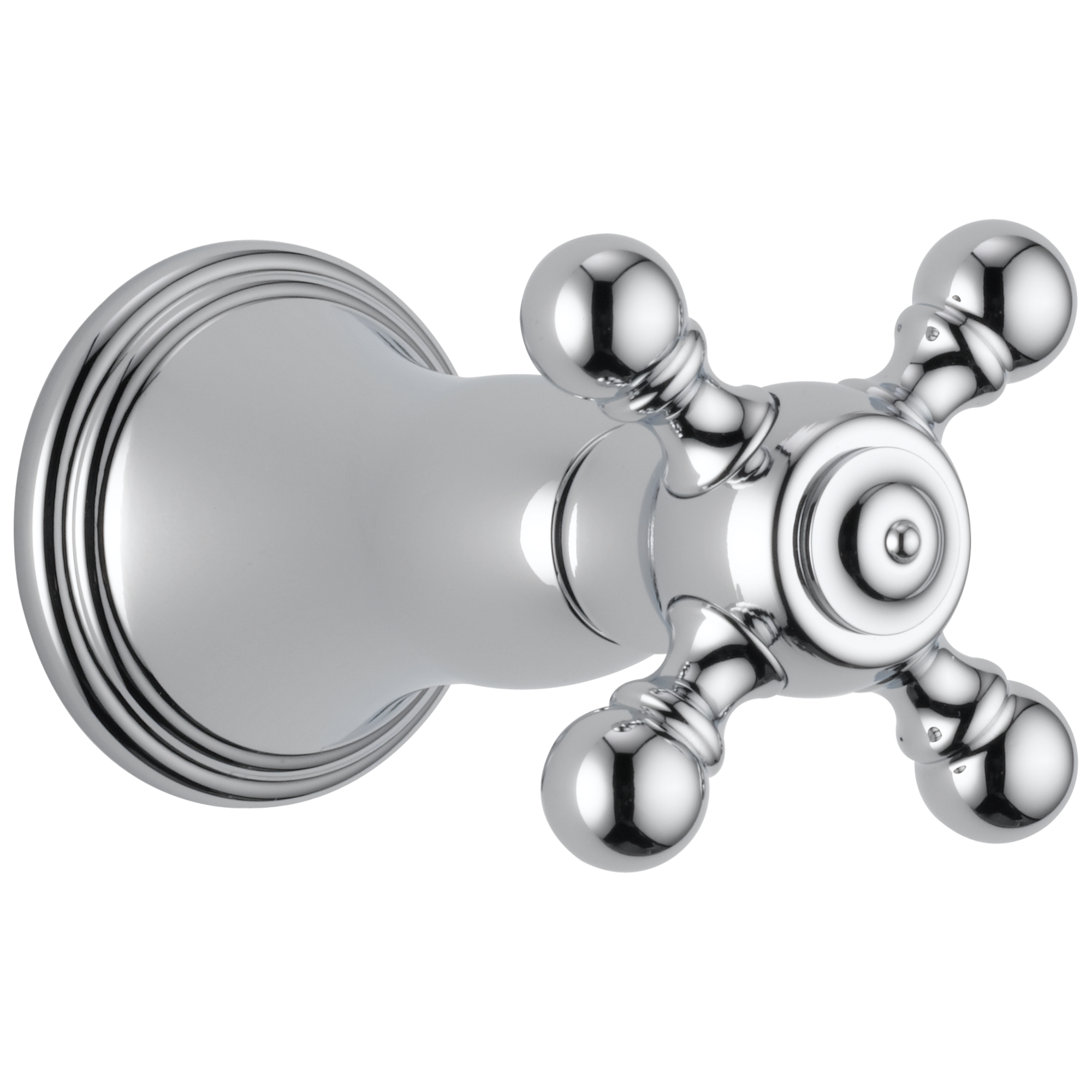 Chrome shower valve trim with circular escutcheon plate and cross-shaped handle with four spherical knobs.
