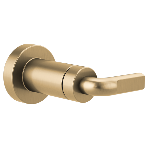 Champagne bronze shower valve trim with cylindrical body, circular trim plate, and angular lever handle.