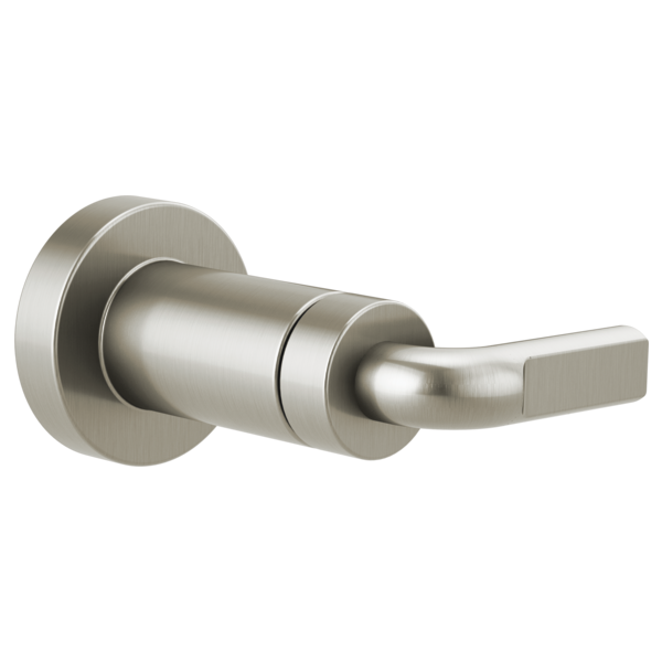 Brushed nickel volume control trim with notch lever handle and circular mounting plate.