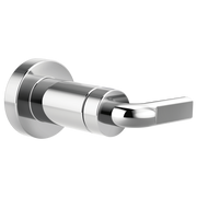 Chrome volume control trim with notch lever handle and circular mounting plate.