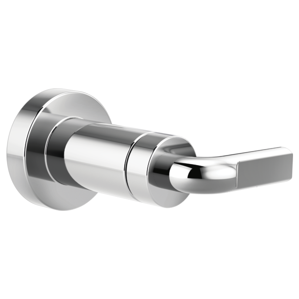 Chrome volume control trim with notch lever handle and circular mounting plate.
