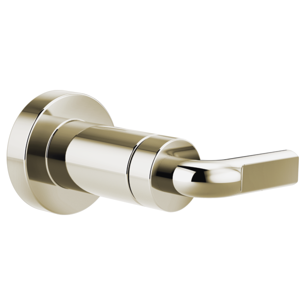Brushed nickel volume control trim with notch lever handle and round escutcheon plate.