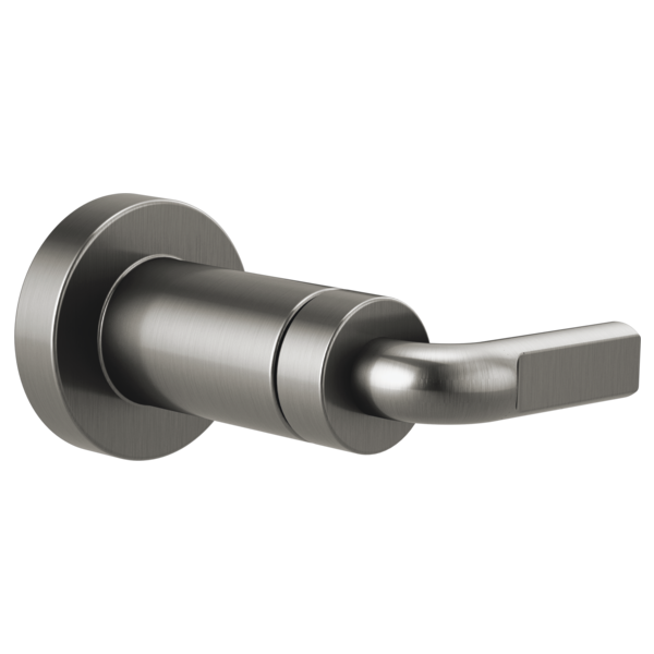 Brushed chrome volume control trim with notch lever handle and circular mounting plate.