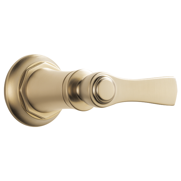 Champagne bronze lever-style volume control trim with circular escutcheon plate and tapered handle.