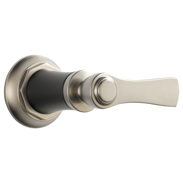 Brushed nickel lever handle with black accent ring and circular trim plate for volume control.