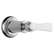 Chrome lever handle with rounded escutcheon plate and cylindrical trim ring for volume control.