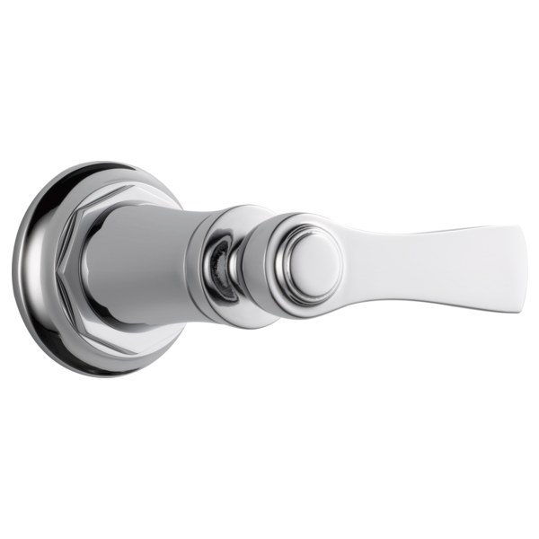 Chrome lever handle with rounded escutcheon plate and cylindrical trim ring for volume control.
