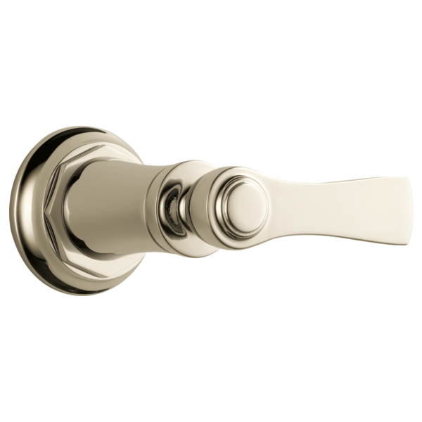 Polished nickel lever handle with round escutcheon plate and cylindrical center ring for volume control trim.