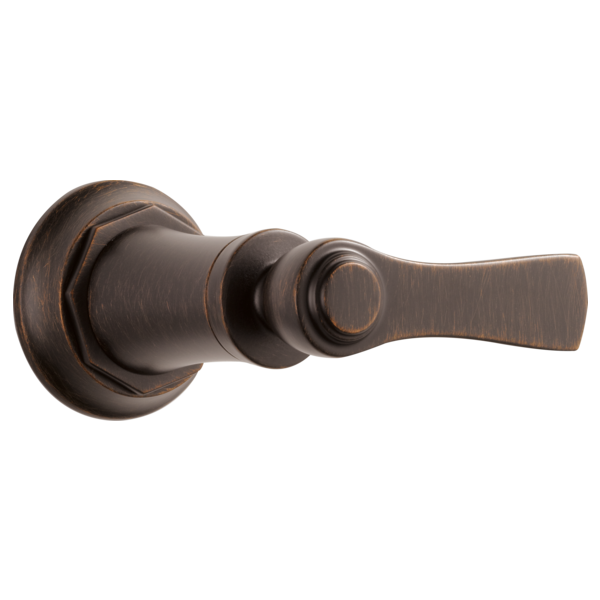 Bronze lever handle volume control trim with circular escutcheon plate and cylindrical body.