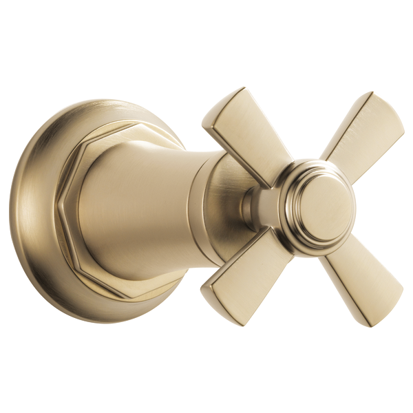 Brushed gold volume control trim with cross handles and circular backplate for shower valve installation.