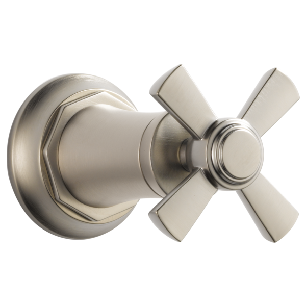 Brushed nickel Brizo Rook volume control trim with cross handle and circular escutcheon plate.