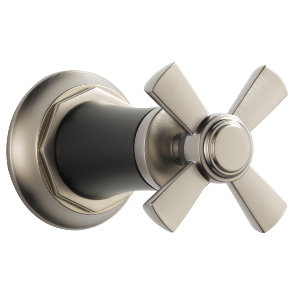 Brushed nickel shower valve trim with cross-shaped handle and circular escutcheon plate.