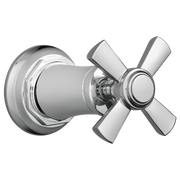 Chrome shower valve trim with cross handle and circular backplate for volume control.