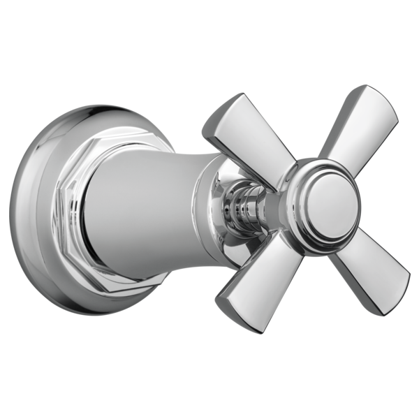 Chrome shower valve trim with cross handle and circular backplate for volume control.