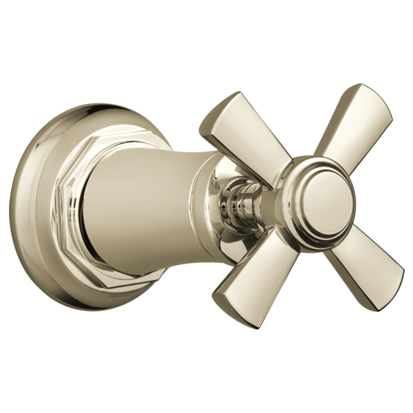 Polished nickel shower valve trim with cross handle and cylindrical body mounted on circular escutcheon plate.