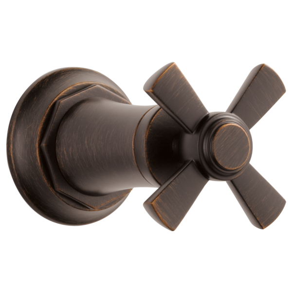 Brizo Rook Sensori volume control trim with cross handle in oil-rubbed bronze finish with copper accents.