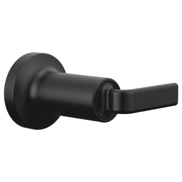 Black shower volume control trim with cylindrical body and flat twist lever handle mounted on circular escutcheon.