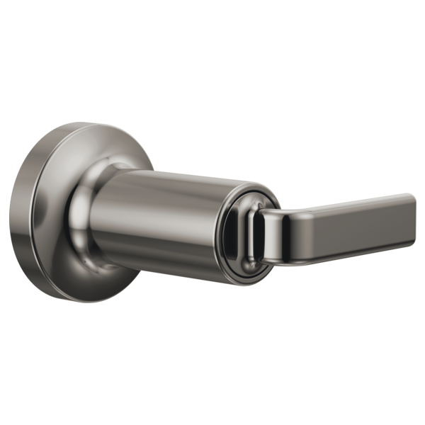 Brushed nickel volume control trim with cylindrical body and flat rectangular twist lever handle.