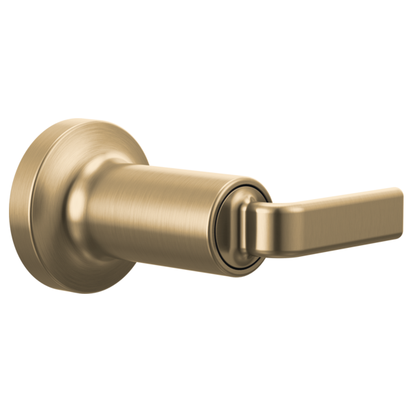 Brushed gold faucet trim with cylindrical body and flat lever handle extending to the right.