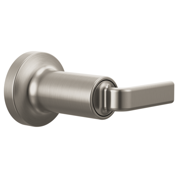 Brushed nickel shower volume control trim with flat lever handle and circular escutcheon plate.