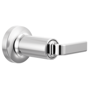 Chrome volume control trim with cylindrical body and flat twist lever handle mounted on circular escutcheon plate.