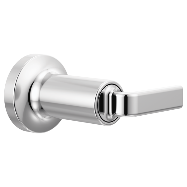 Chrome volume control trim with cylindrical body and flat twist lever handle mounted on circular escutcheon plate.