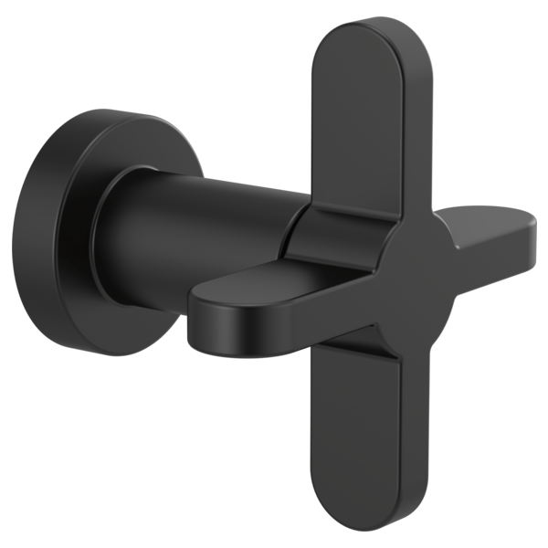 Black matte volume control valve with cross-shaped handle and circular wall mount escutcheon.