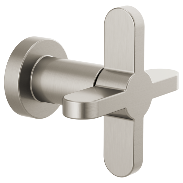 Brushed nickel volume control valve with cross handle and round escutcheon plate.