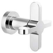 Chrome volume control valve with cross handle and round wall-mounted trim ring.