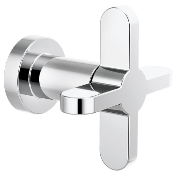 Chrome volume control valve with cross handle and round wall-mounted trim ring.