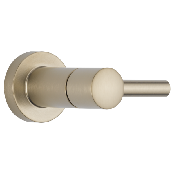 Brushed nickel volume control with cylindrical lever handle and circular mounting plate.