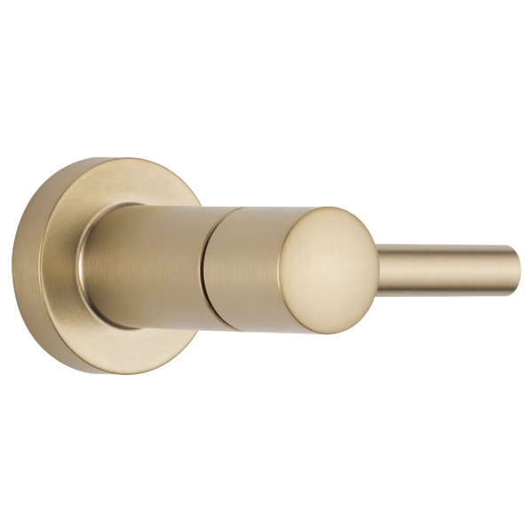 Brushed gold volume control with cylindrical lever handle and round wall plate.
