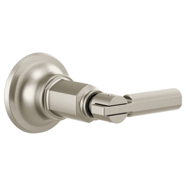 Brushed nickel volume control trim with round escutcheon plate and straight lever handle.