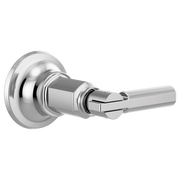 Chrome bathroom valve trim with circular backplate and lever handle for volume control.