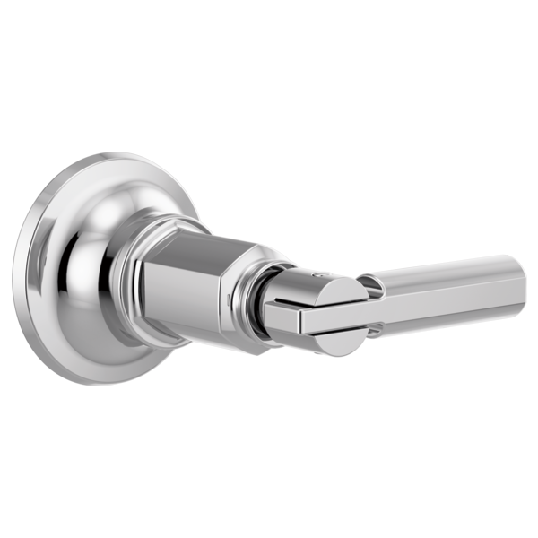 Chrome bathroom valve trim with circular backplate and lever handle for volume control.