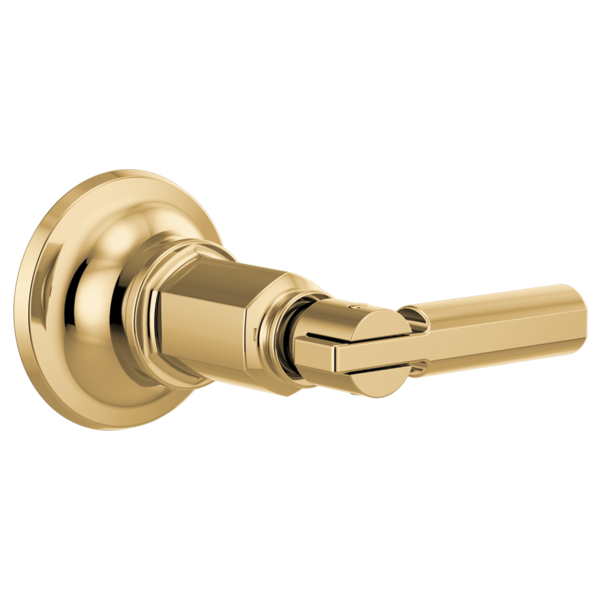 Polished brass volume control trim with lever handle and circular mounting plate.