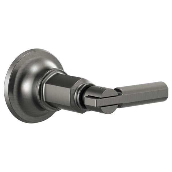 Chrome faucet trim with round escutcheon and lever handle for volume control adjustment.