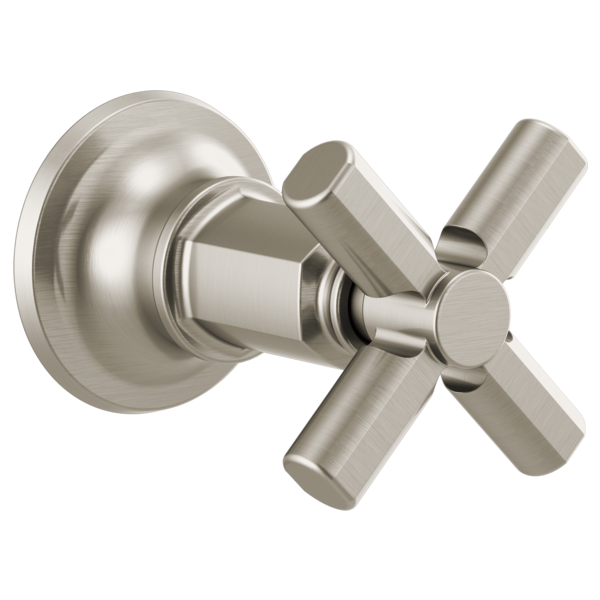 Brushed nickel shower valve trim with round escutcheon plate and cross-shaped handle for volume control.