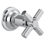 Polished chrome shower valve trim with round escutcheon plate and four-arm cross handle control.