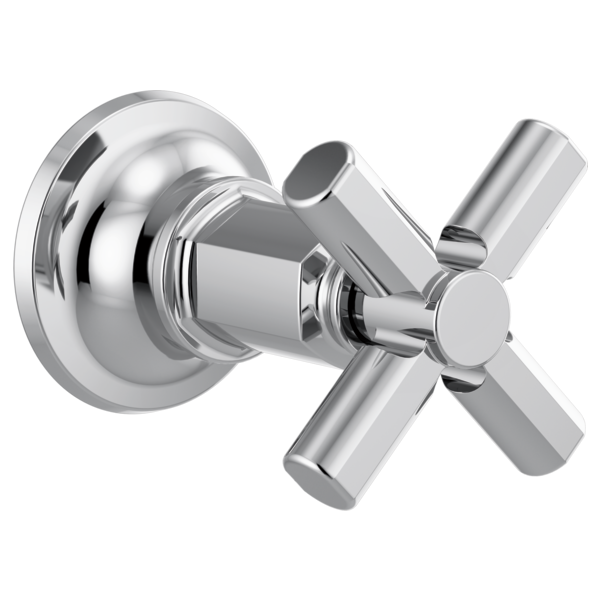 Polished chrome shower valve trim with round escutcheon plate and four-arm cross handle control.