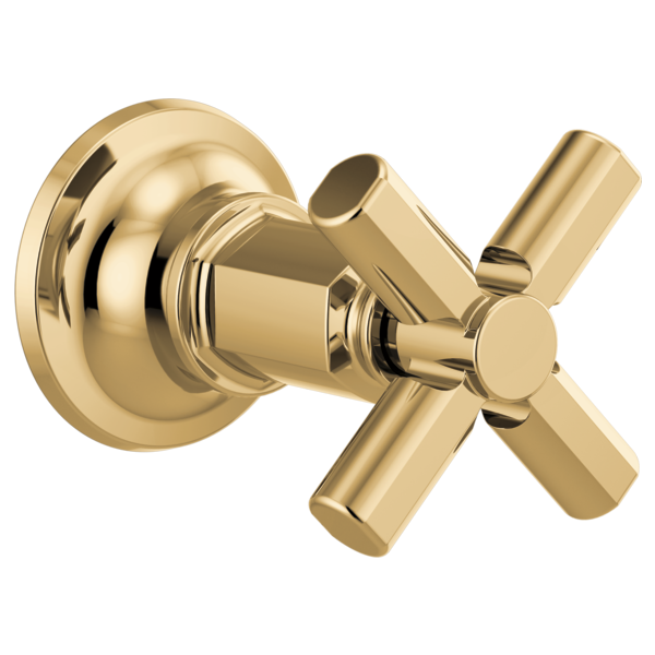 Champagne bronze shower valve trim with round escutcheon and cross-shaped handle control.