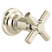 Polished nickel shower valve trim with round escutcheon plate and cross-shaped handle for volume control.